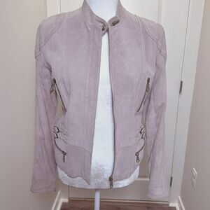 BALMAIN Blush Pink Suede and Satin Lined Moto Jacket 38